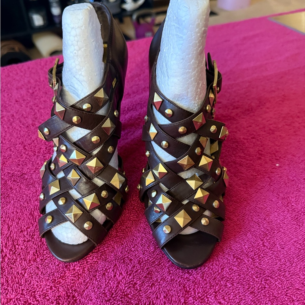 Saks Fifth Avenue Dark Brown Heels with Gold Studs